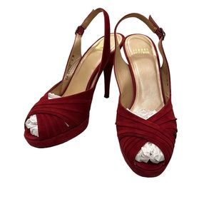 Stuart Weitzman Burgundy Red Pleated Suede Peep Toe Platform Slingback P…